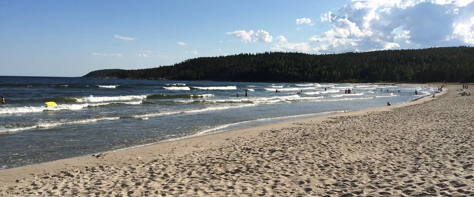 Bred sandstrand med vågor och badande människor, och en skogsklädd udde under blå himmel